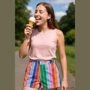 Crown & Ivy Women’s Shorts 8 Caroline Multicolor Rainbow Striped Cotton Blend